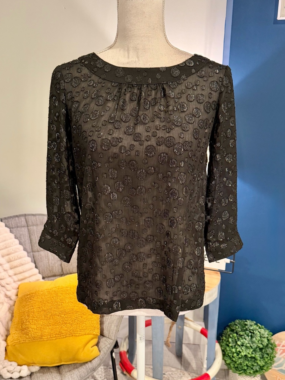 Ann Taylor LOFT Black Metallic Sheer Blouse SP